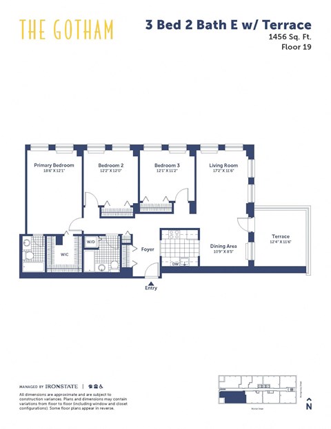 Floor plan for 3 beds, 2 baths, 1456 sqft